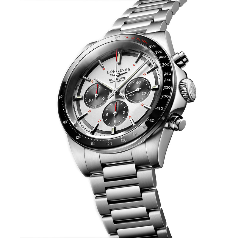 Longines Conquest 42MM Automatic Watch Chronograph Silver Dial Stainless Steel Bracelet L38354726