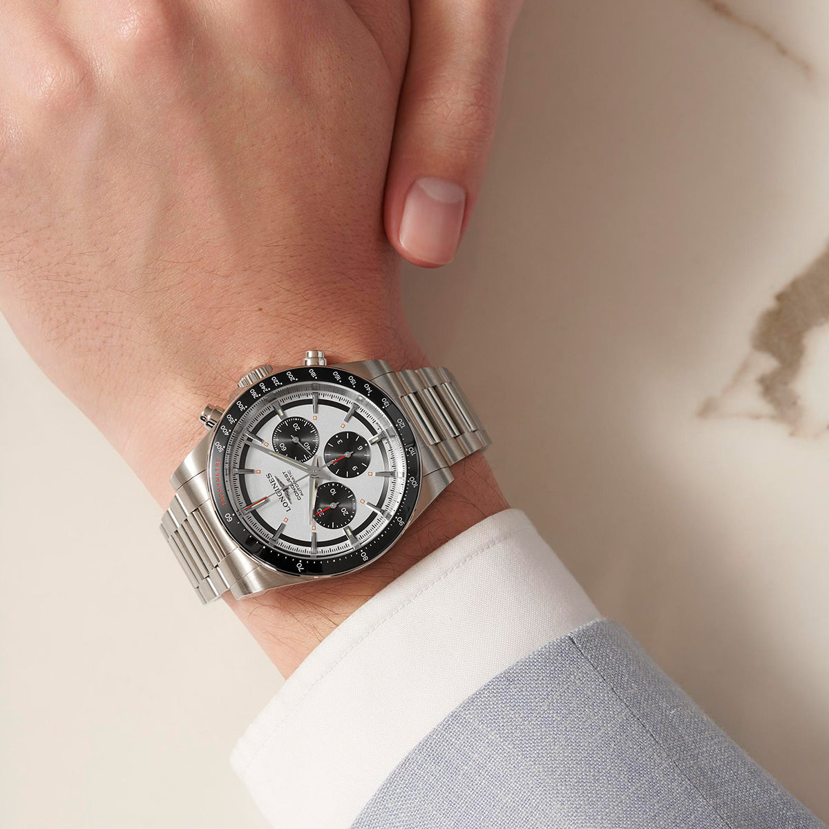 Longines Conquest 42MM Automatic Watch Chronograph Silver Dial Stainless Steel Bracelet L38354726