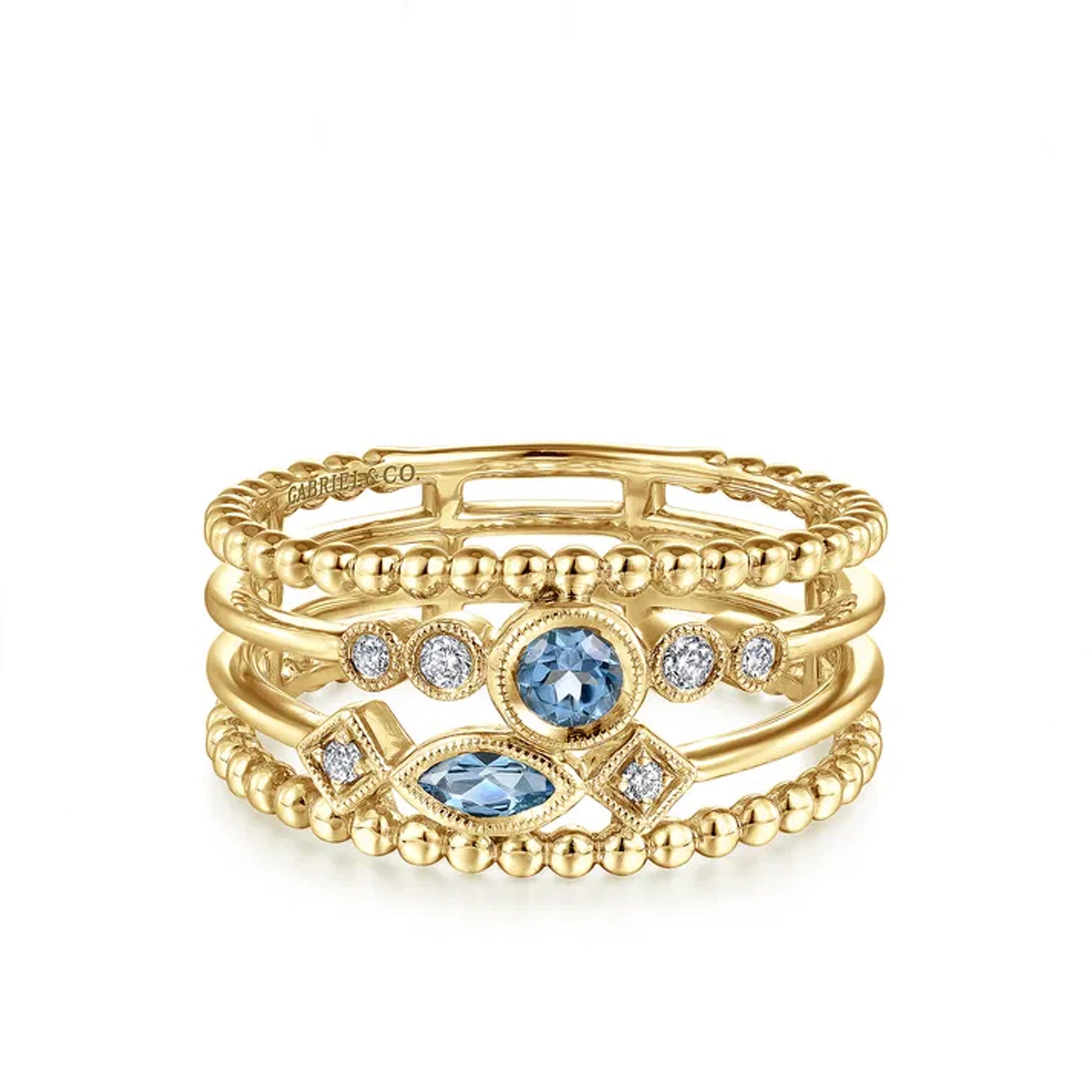 Gabriel & Co 14K Yellow Gold Swiss Blue Topaz and Diamond Multi Row Ring