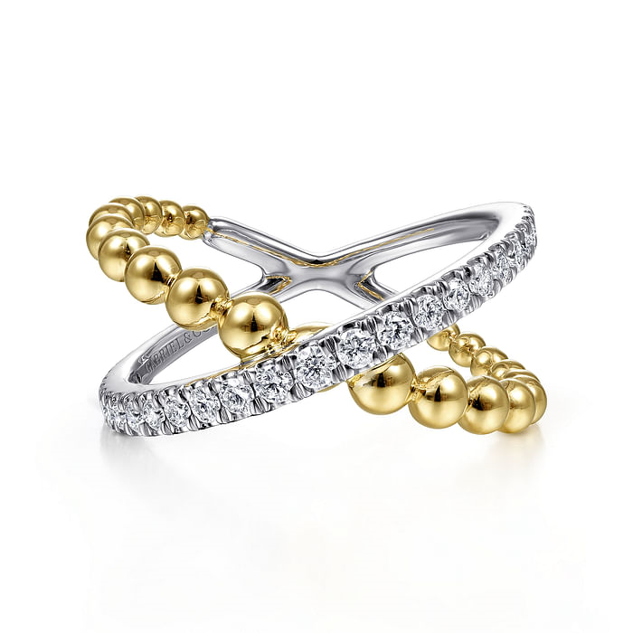 Gabriel & Co. 14K White and Yellow Gold Bujukan Diamond Criss Cross Ring With Diamonds - NAGI