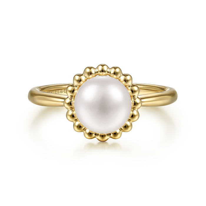 Gabriel & Co. 14K Yellow Gold Pearl Ring with Bujukan Beaded Halo - NAGI