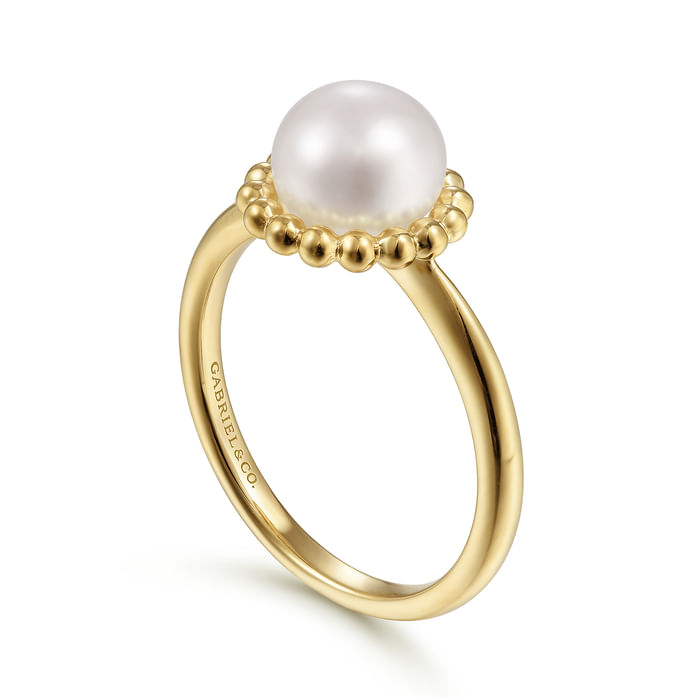 Gabriel & Co. 14K Yellow Gold Pearl Ring with Bujukan Beaded Halo - NAGI