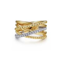 Gabriel & Co. 14K White Gold Yellow Gold Bujukan Ball and Diamond Criss Cross Ring - NAGI