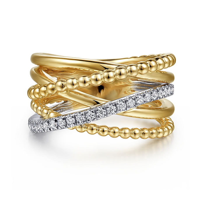 Gabriel & Co. 14K White Gold Yellow Gold Bujukan Ball and Diamond Criss Cross Ring