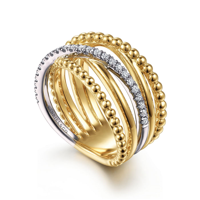 Gabriel & Co. 14K White Gold Yellow Gold Bujukan Ball and Diamond Criss Cross Ring