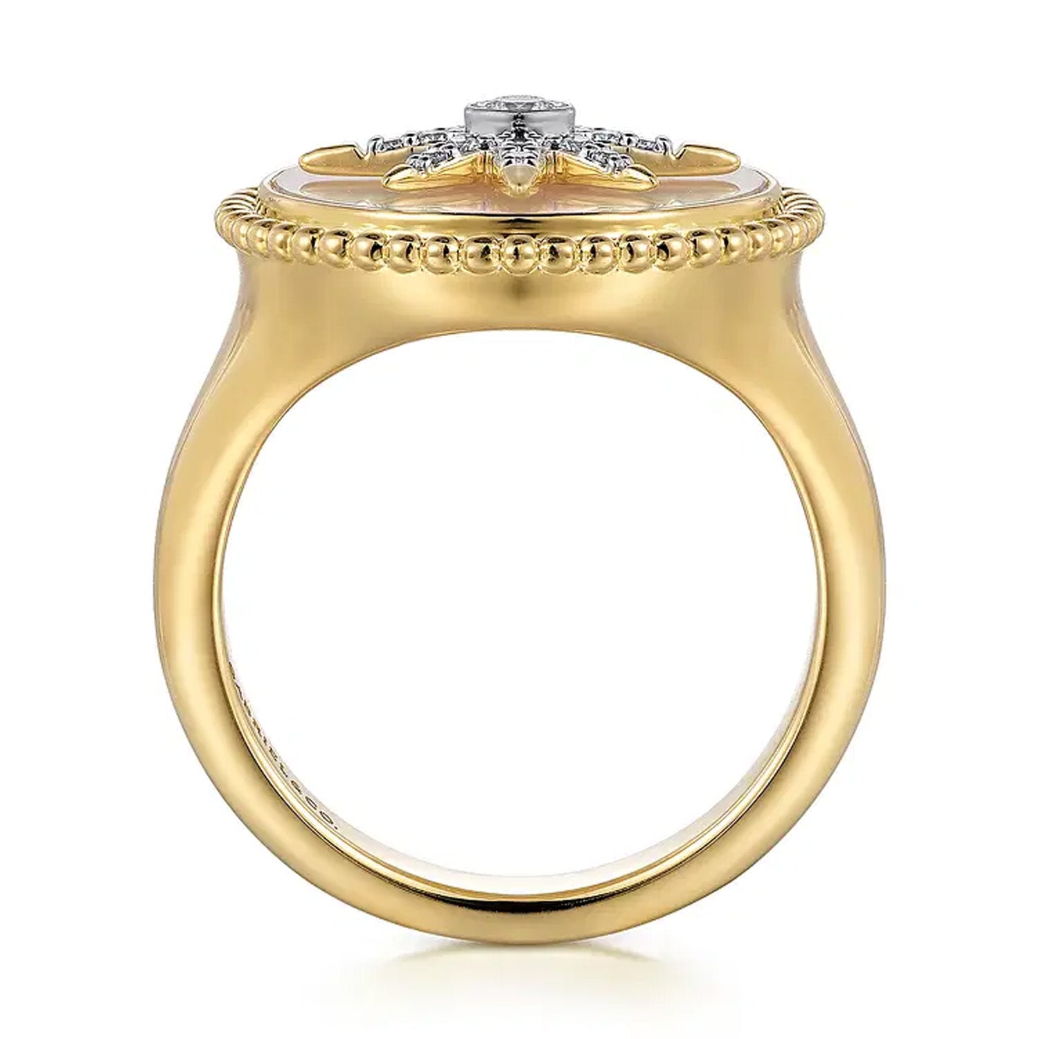 Gabriel & Co. 14K Yellow Gold Mother of Pearl Inlay and Diamond Starburst Signet Ring