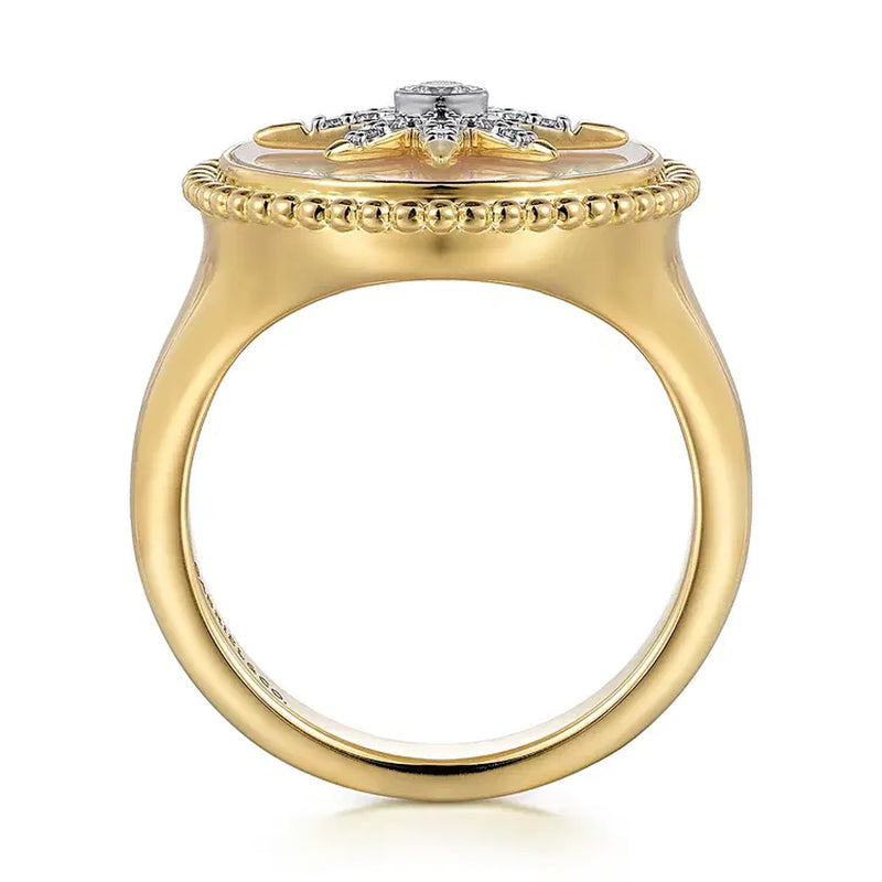 Gabriel & Co. 14K Yellow Gold Mother of Pearl Inlay and Diamond Starburst Signet Ring