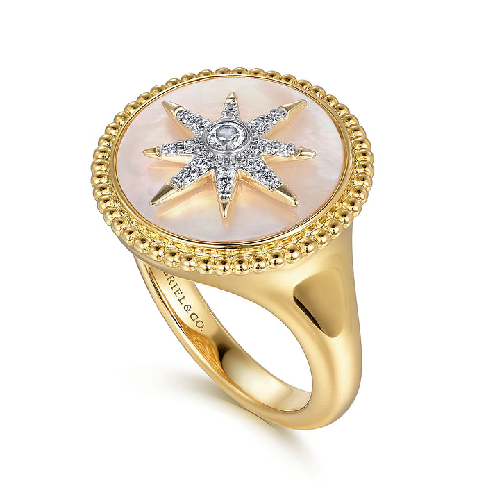 Gabriel & Co. 14K Yellow Gold Mother of Pearl Inlay and Diamond Starburst Signet Ring