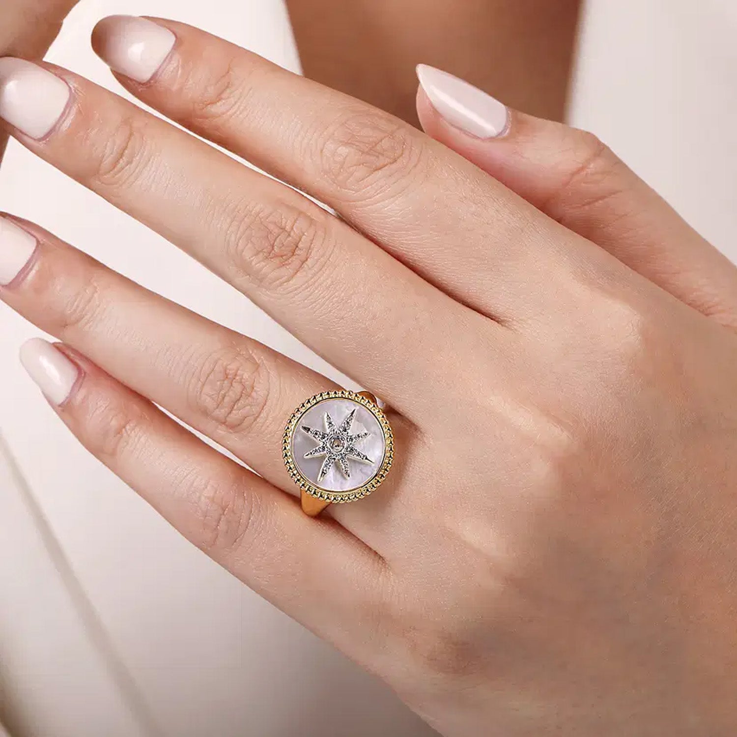 Gabriel & Co. 14K Yellow Gold Mother of Pearl Inlay and Diamond Starburst Signet Ring