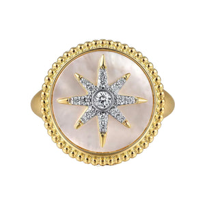 Gabriel 14K Yellow Gold Mother of Pearl Inlay and Diamond Starburst Signet Ring