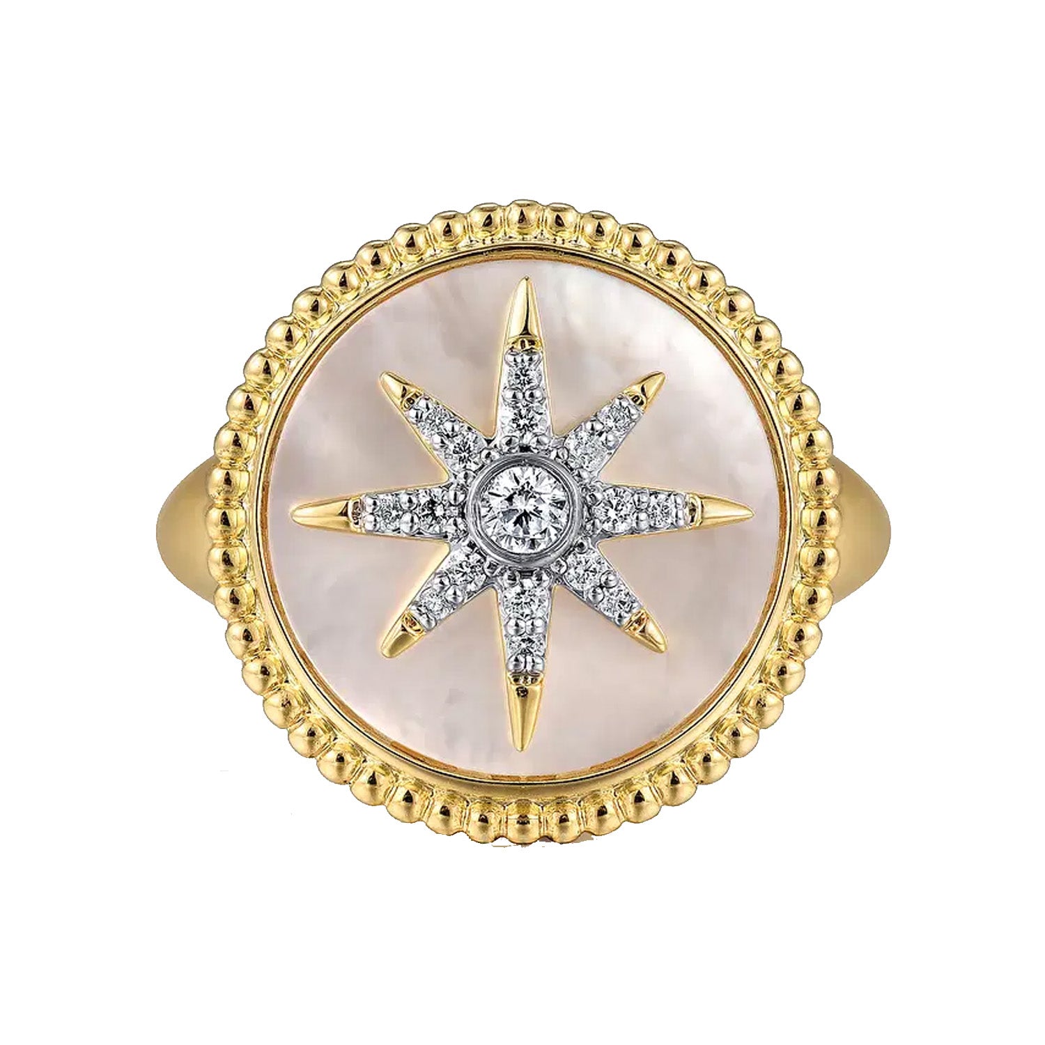 Gabriel & Co. 14K Yellow Gold Mother of Pearl Inlay and Diamond Starburst Signet Ring