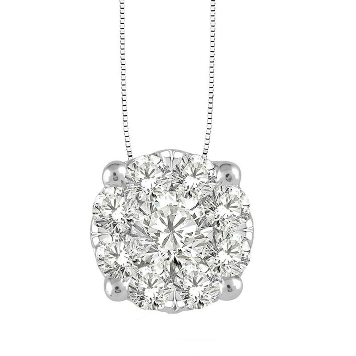 14K White Gold Round Diamond Cluster Necklace 1.50ct