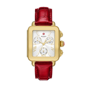Michele Deco Sport 18K Gold-Plated Ruby Red Leather Watch MWW06K000065
