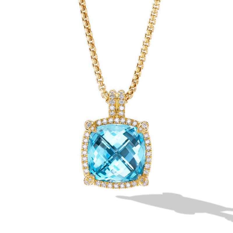 David Yurman Chatelaine Pave Bezel Pendant Necklace in 18K Yellow Gold with Blue Topaz and Diamonds, 14mm