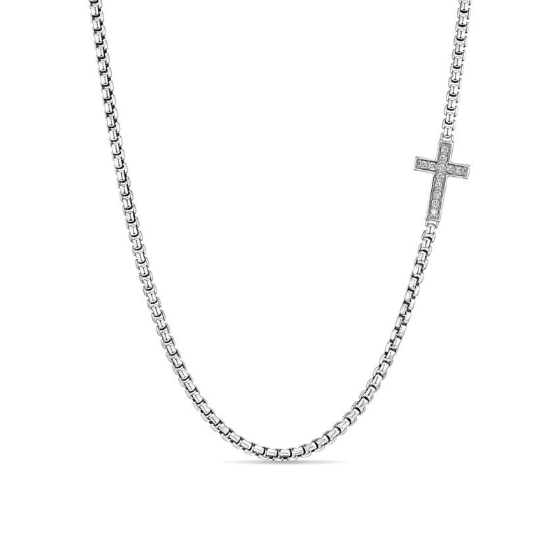 DY Gents Cross Station Necklace in Sterling Silver with Diamonds, 5mm