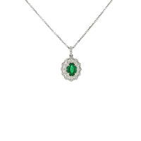 14K White Gold Oval Cut Emerald Double Halo Diamond Pendant