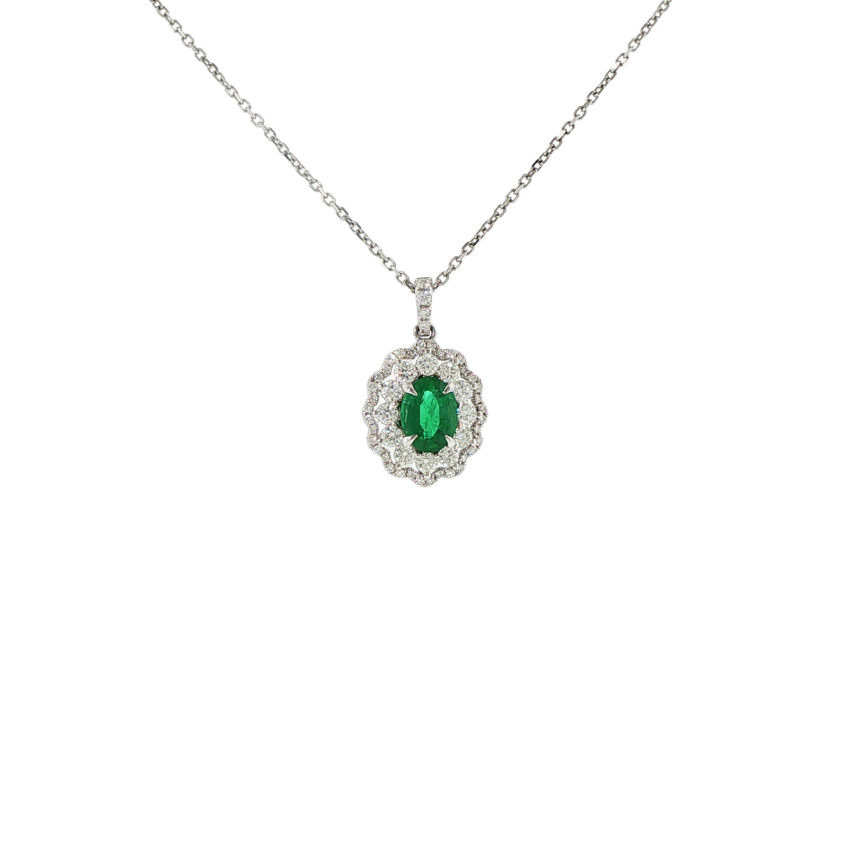 14K White Gold Oval Cut Emerald Double Halo Diamond Pendant