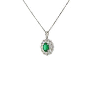 14K White Gold Oval Cut Emerald Double Halo Diamond Pendant