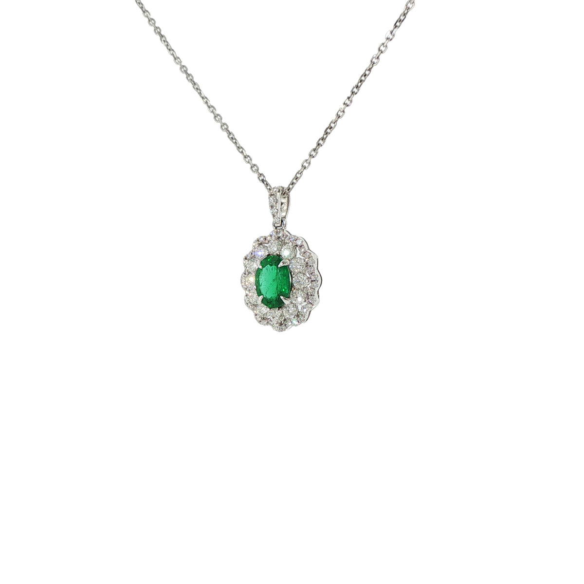 14K White Gold Oval Cut Emerald Double Halo Diamond Pendant