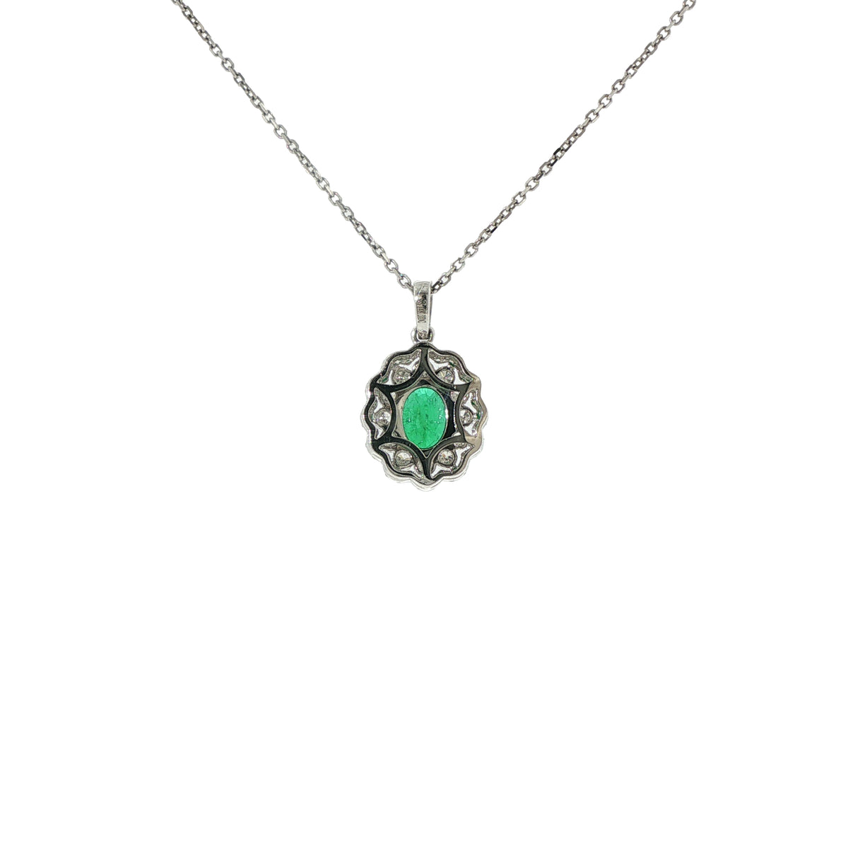 14K White Gold Oval Cut Emerald Double Halo Diamond Pendant