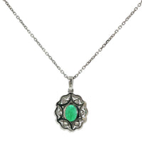 14K White Gold Oval Cut Emerald Double Halo Diamond Pendant