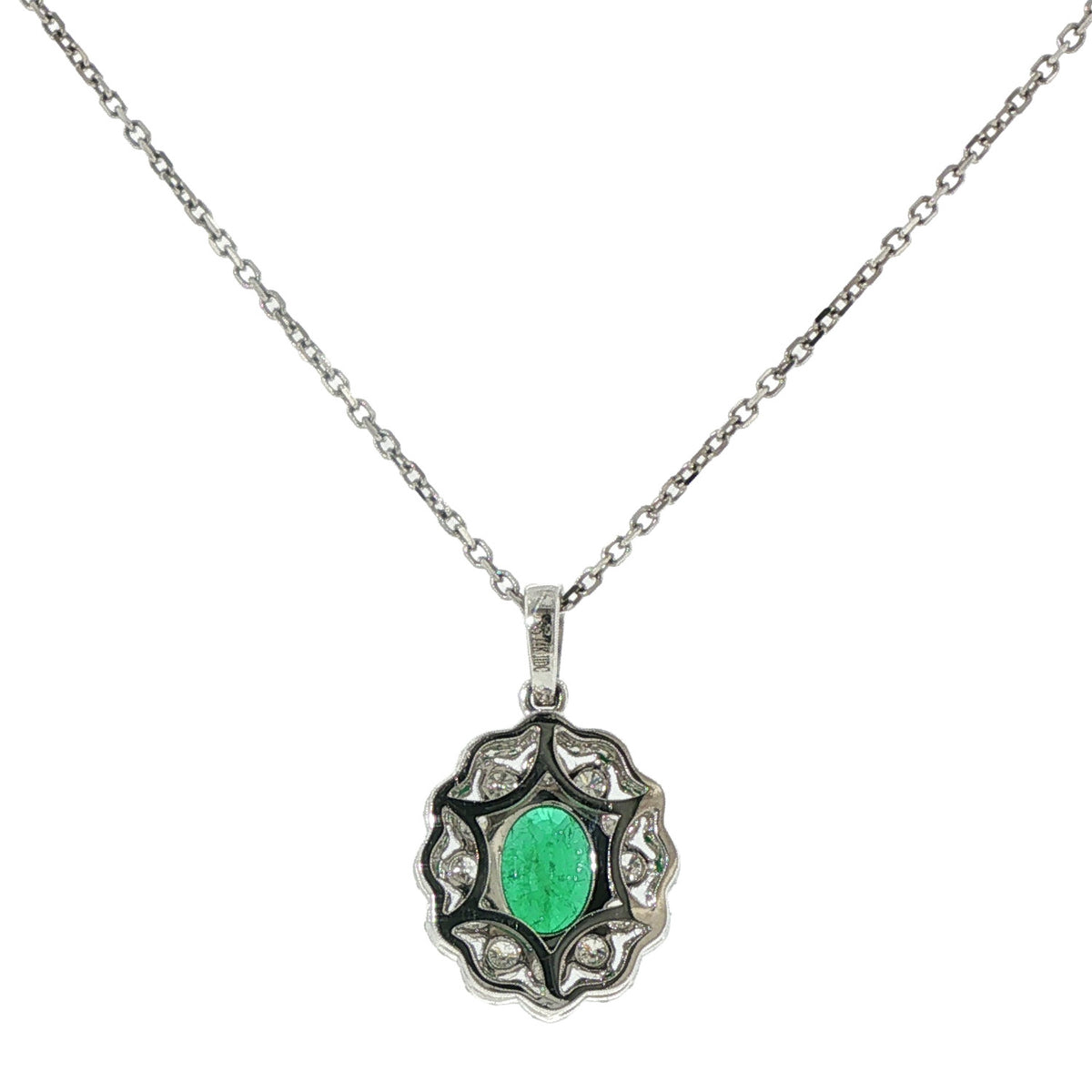 14K White Gold Oval Cut Emerald Double Halo Diamond Pendant