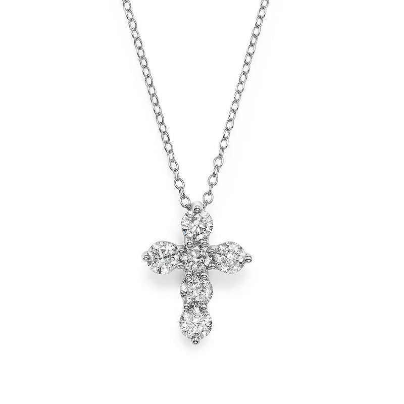 14k White Gold Shared Pong 6-Stone Diamond Cross Necklace