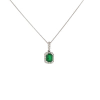 14K White Gold Emerald Cut Emerald and Diamond Halo Necklace