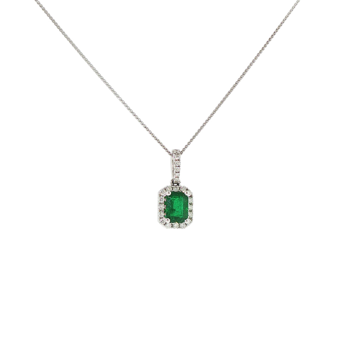 14K White Gold Emerald Cut Emerald and Diamond Halo Necklace