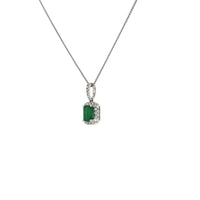 14K White Gold Emerald Cut Emerald and Diamond Halo Necklace