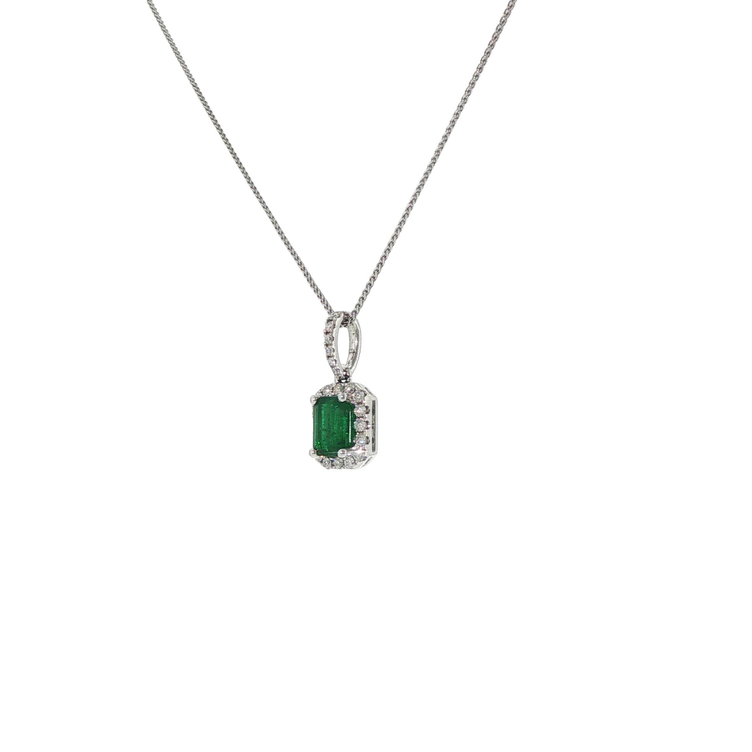 14K White Gold Emerald Cut Emerald and Diamond Halo Necklace