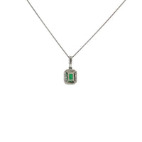 14K White Gold Emerald Cut Emerald and Diamond Halo Necklace