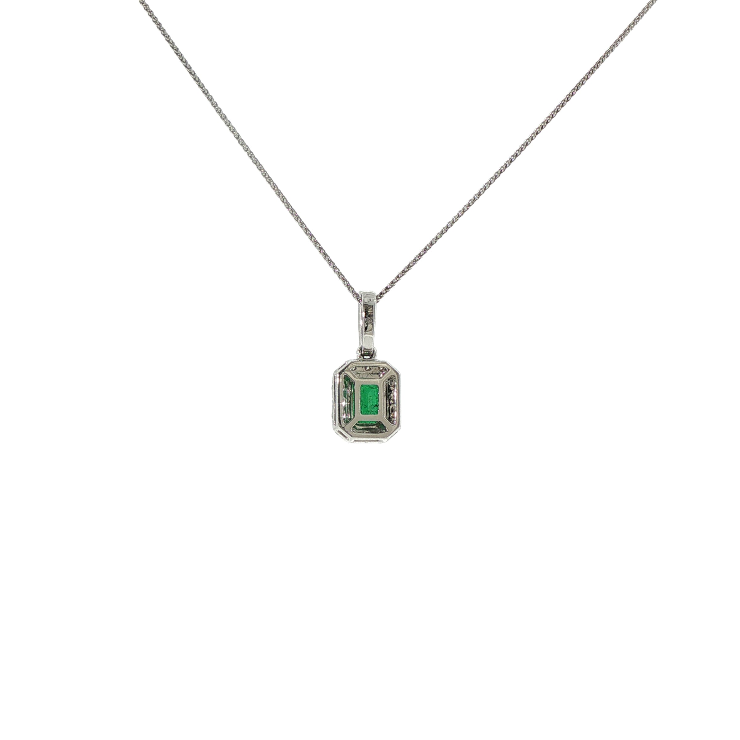 14K White Gold Emerald Cut Emerald and Diamond Halo Necklace