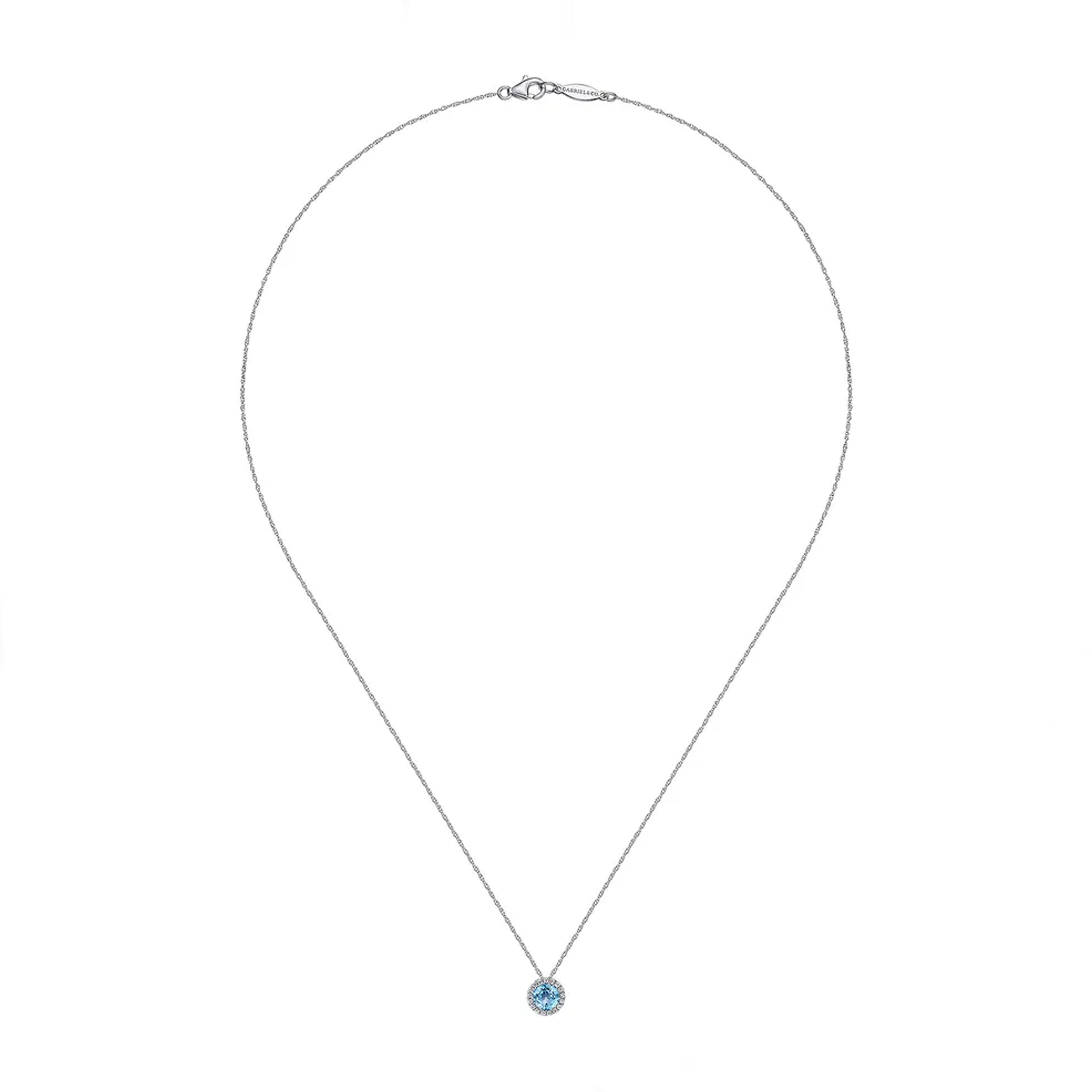 Gabriel & Co. 14K White Gold Round Swiss Blue Topaz and Diamond Halo Pendant Necklace