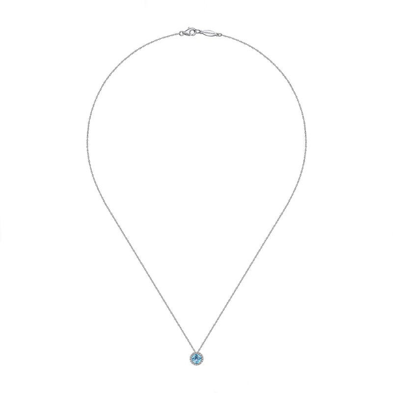 Gabriel & Co. 14K White Gold Round Swiss Blue Topaz and Diamond Halo Pendant Necklace