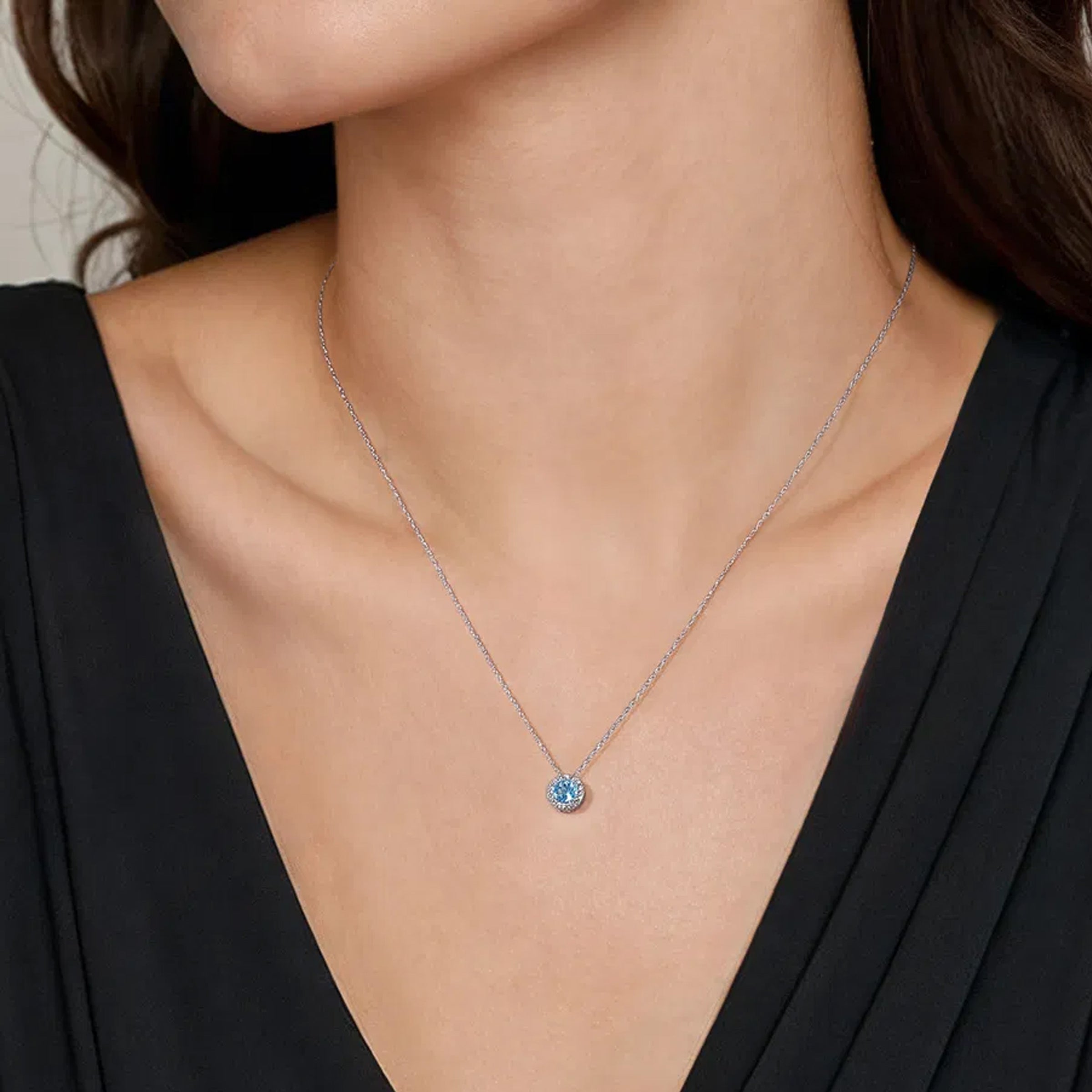 Gabriel & Co. 14K White Gold Round Swiss Blue Topaz and Diamond Halo Pendant Necklace