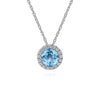 Gabriel & Co. 14K White Gold Round Swiss Blue Topaz and Diamond Halo Pendant Necklace