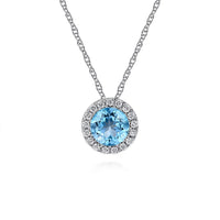 Gabriel & Co. 14K White Gold Round Swiss Blue Topaz and Diamond Halo Pendant Necklace