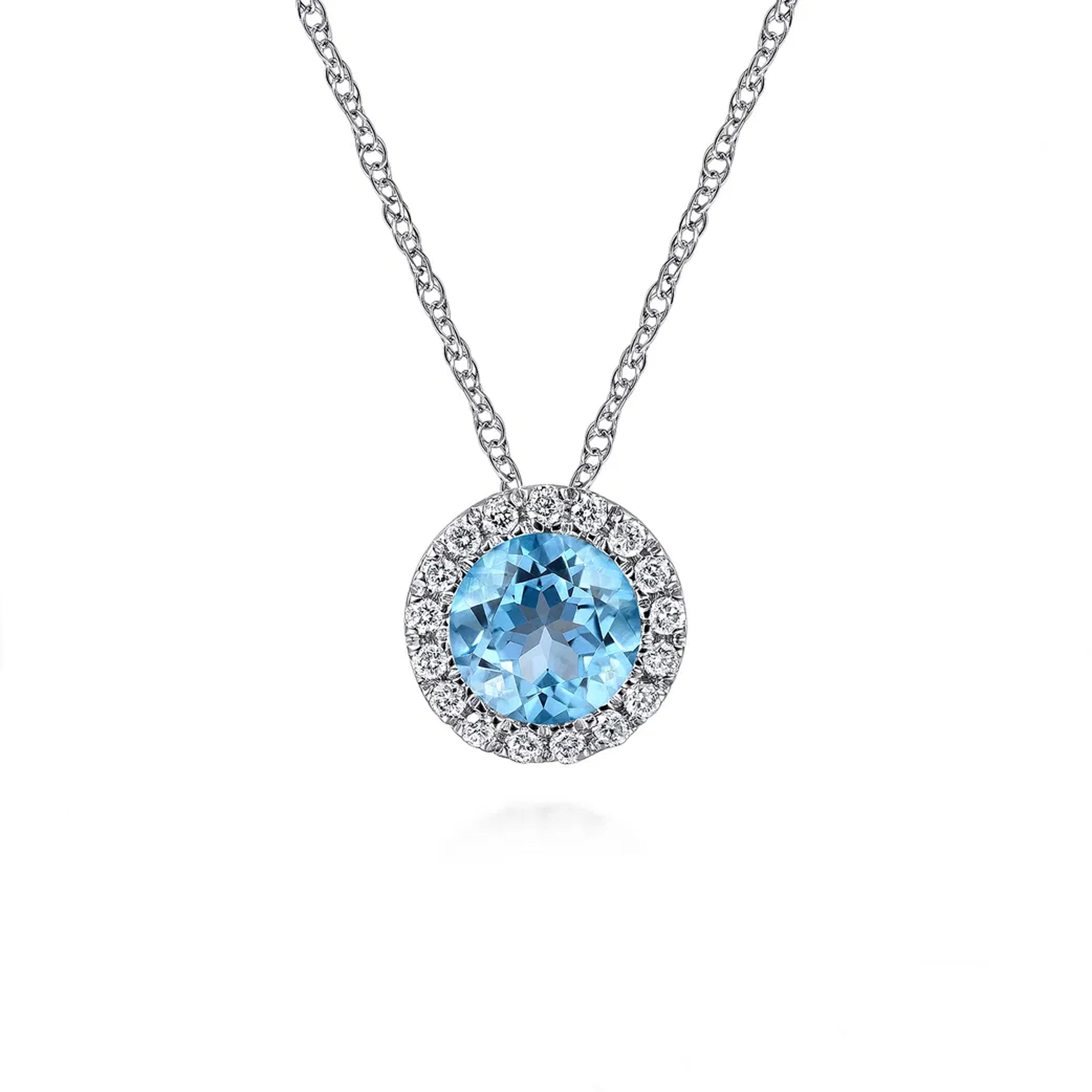 Gabriel & Co. 14K White Gold Round Swiss Blue Topaz and Diamond Halo Pendant Necklace