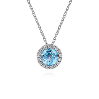 Gabriel & Co. 14K White Gold Round Swiss Blue Topaz and Diamond Halo Pendant Necklace