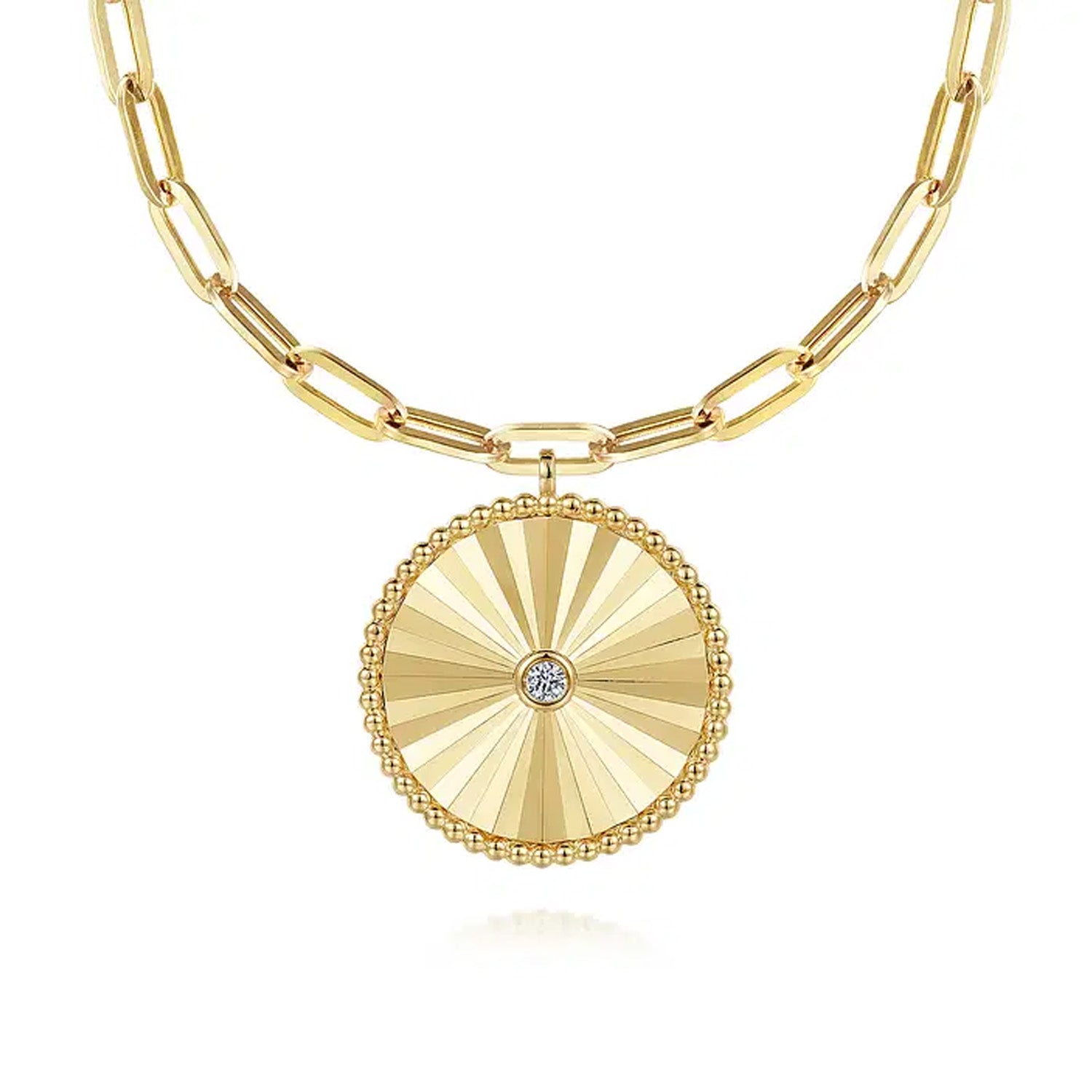 Gabriel & Co. 14K Yellow Gold Textured Diamond Medallion Hollow Chain Necklace - NAGI