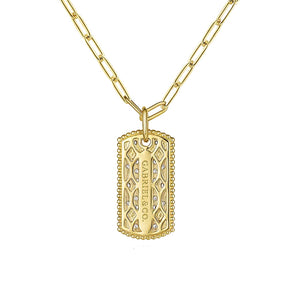 Gabriel 14K Yellow Gold Diamond Pave Dog Tag Pendant Hollow Chain Necklace