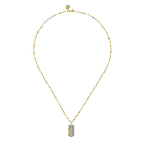 Gabriel 14K Yellow Gold Diamond Pave Dog Tag Pendant Hollow Chain Necklace