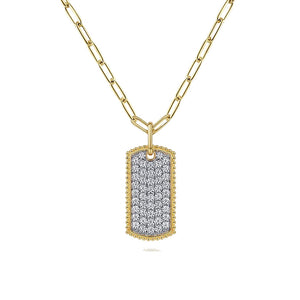 Gabriel 14K Yellow Gold Diamond Pave Dog Tag Pendant Hollow Chain Necklace