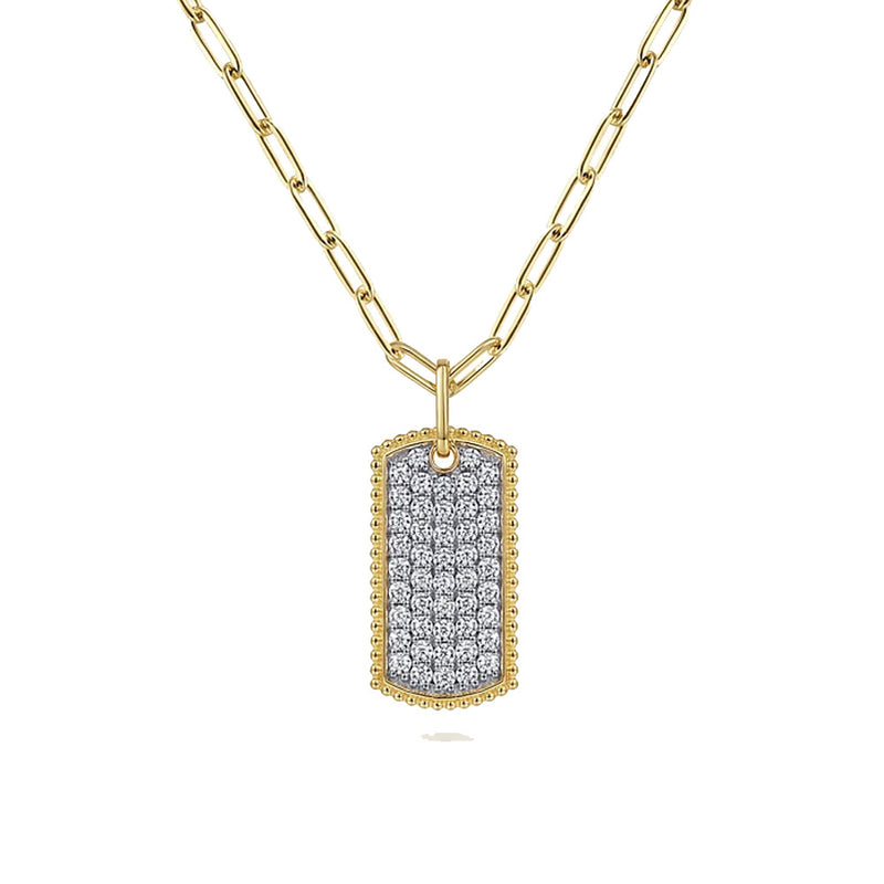 Gabriel 14K Yellow Gold Diamond Pave Dog Tag Pendant Hollow Chain Necklace