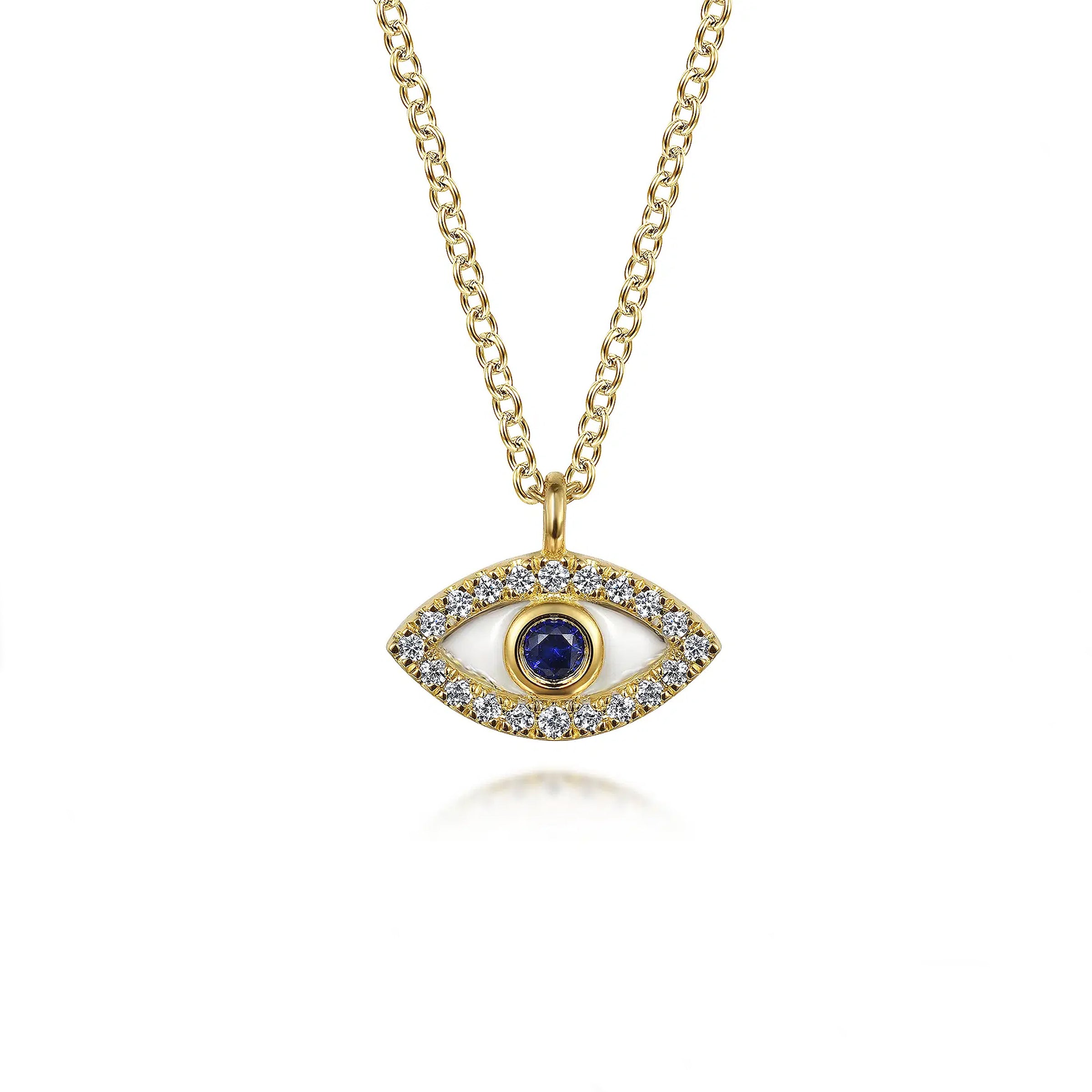 Gabriel & Co. 14K Yellow Gold Diamond and Sapphire Evi Eye Pendant Necklace with White Enamel