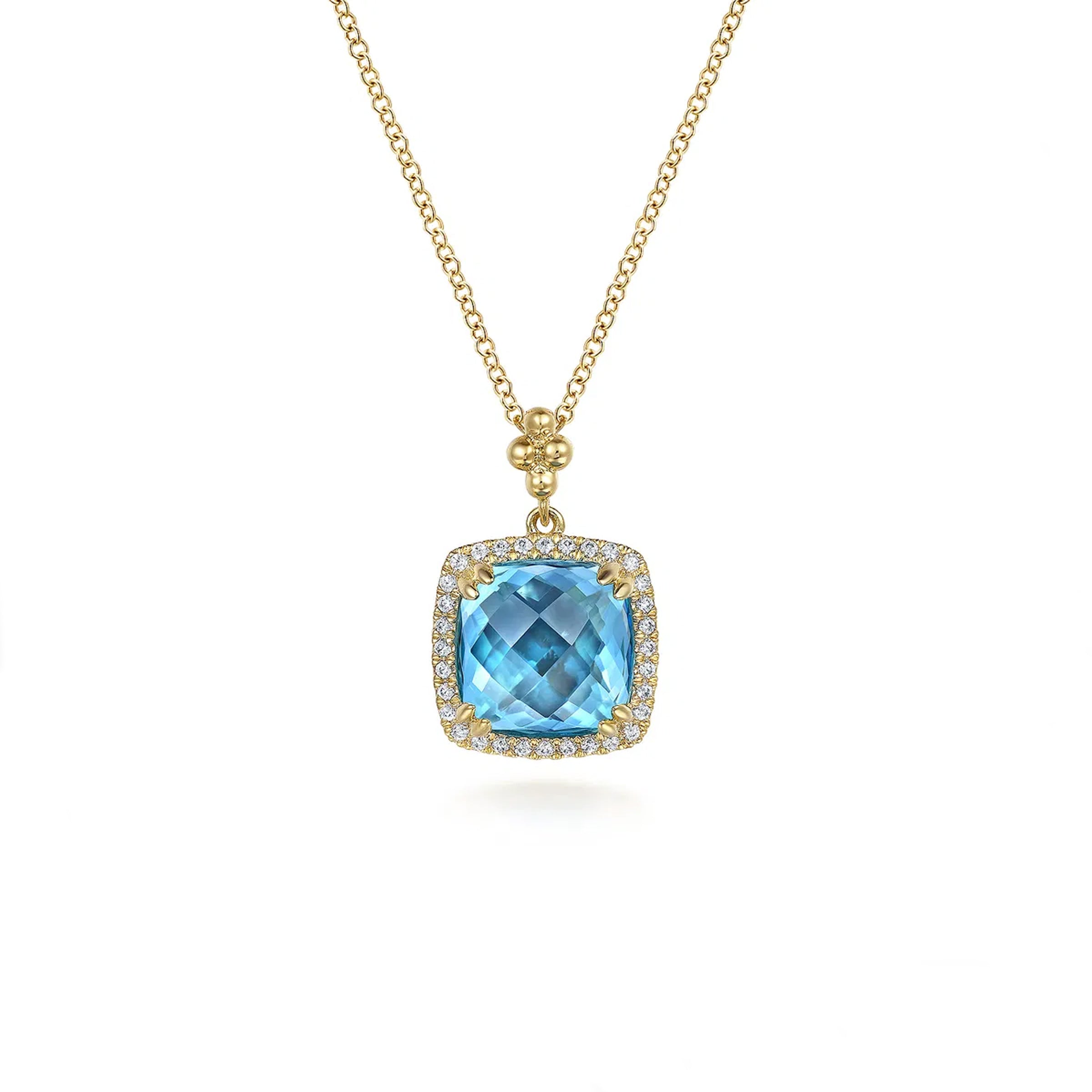 Gabriel & Co. 14K Yellow Gold Cushion Blue Topaz with Diamond Necklace