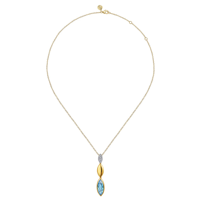 Gabriel & Co. 14K White Gold and Yellow Gold Diamond and Marquise Blue Topaz Drop Necklace - NAGI