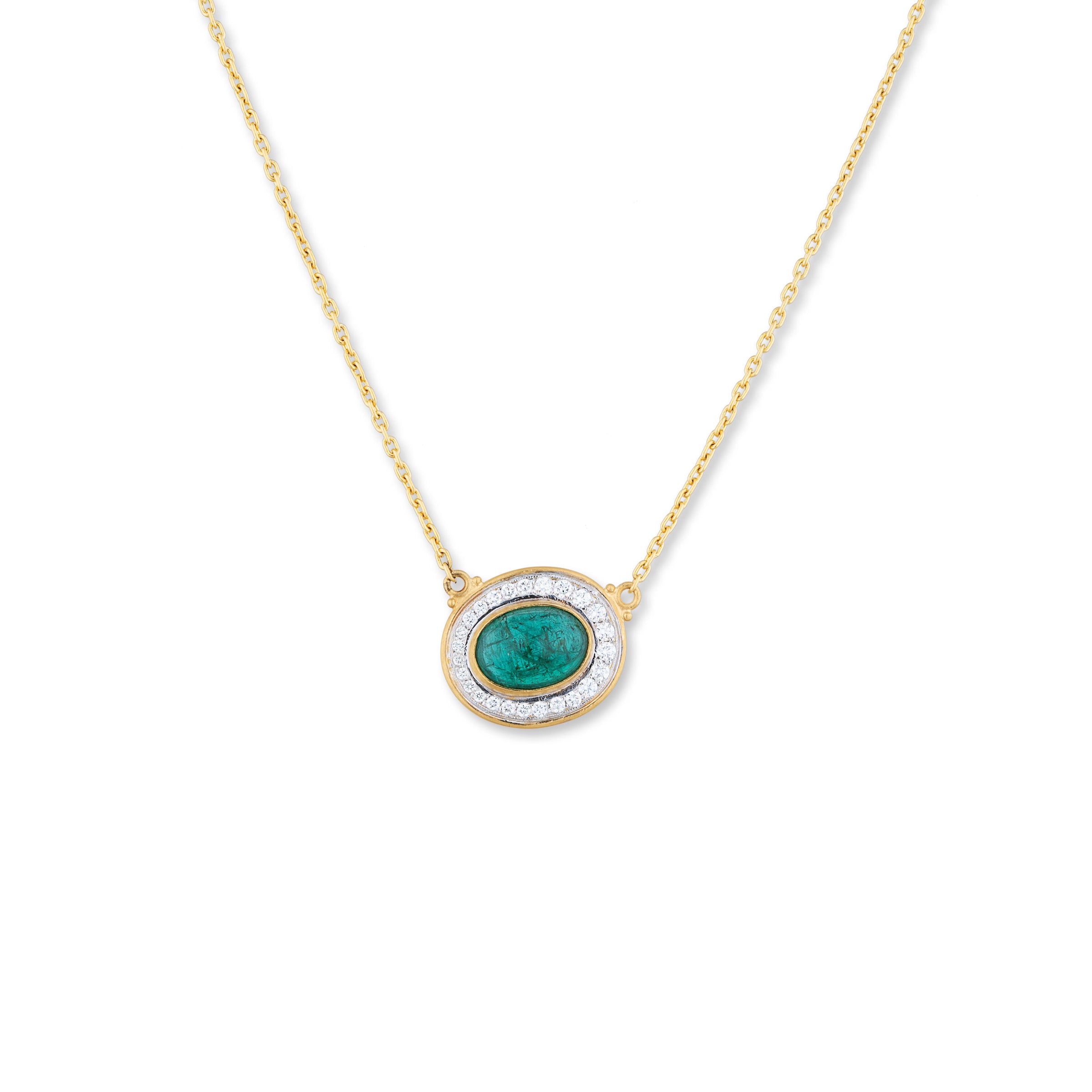 Lika Behar Orbit Oval Cabochon Emerald with Diamonds Necklace