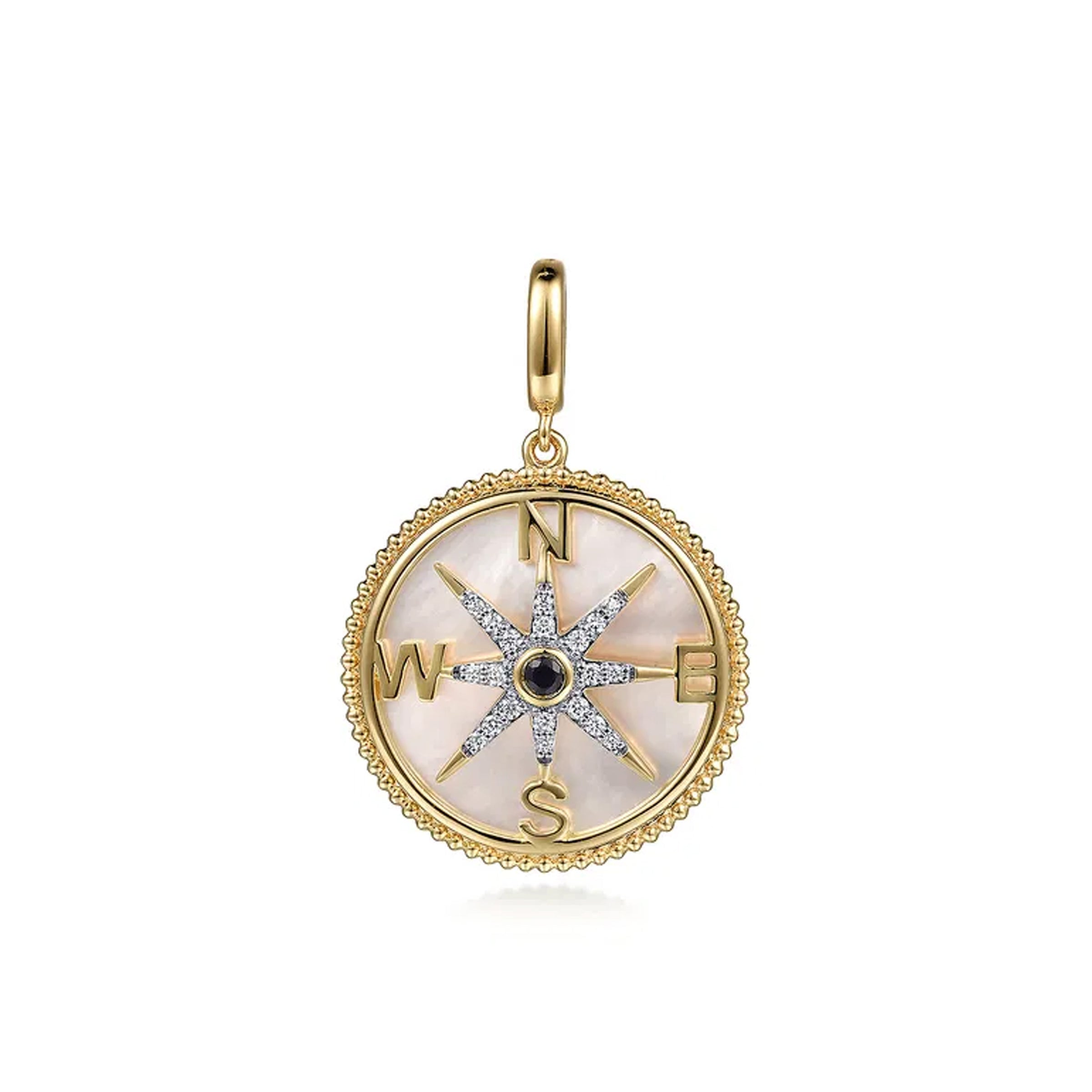 Gabriel & Co. 14K Yellow Gold Diamond Blue Sapphire Compass Medallion Pendant With Detachable Bail